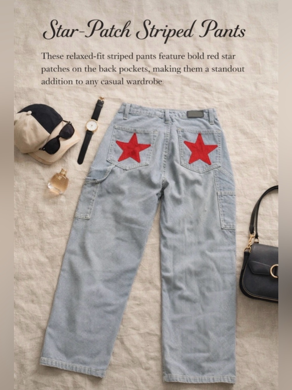 Carmar Light Blue Striped Jeans with Red Star Accents